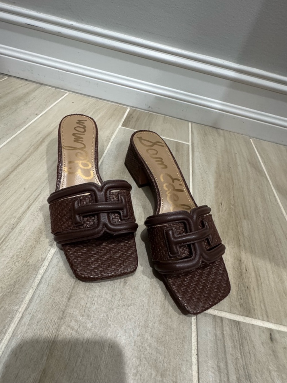 Sam Edelman Brown Woven Leather Block Heel Mules